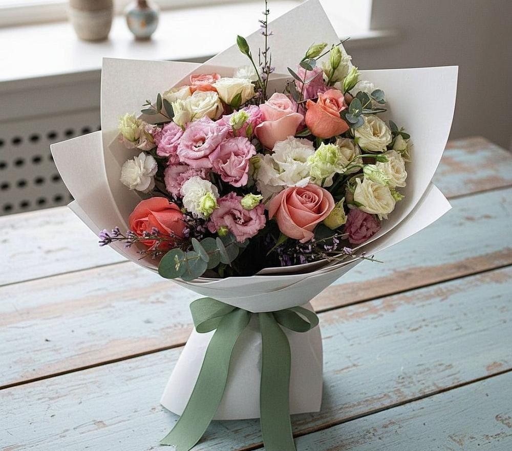 Букет цветов из: Розы, Лизиантусы и Гвоздики в Рахманово