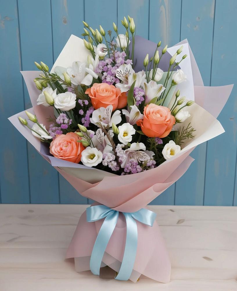 Букет цветов из: Лизиантусы, Розы, Альстромерии и Гипсофила в Рахманово