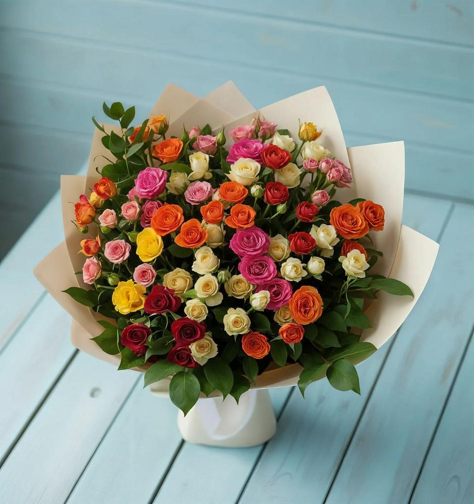 Букет Микс из разноцветных кустовых роз в Рахманово