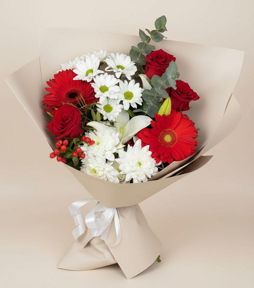 Букет цветов из: Розы, Хризантемы, Герберы и Лилии в Рахманово