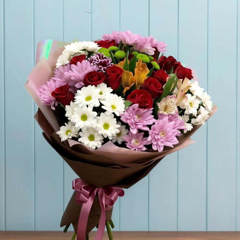 Букет цветов из: Розы, Хризантемы и Альстромерии в Рахманово